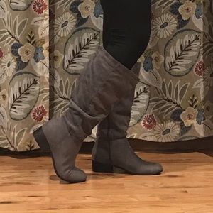 Grey Faux Suede Wide Leg Boots
